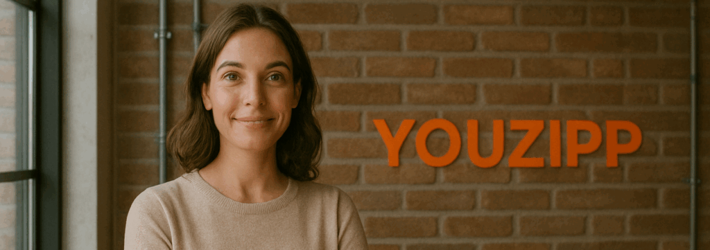 mulher sorrindo em frente à parede de tijolos